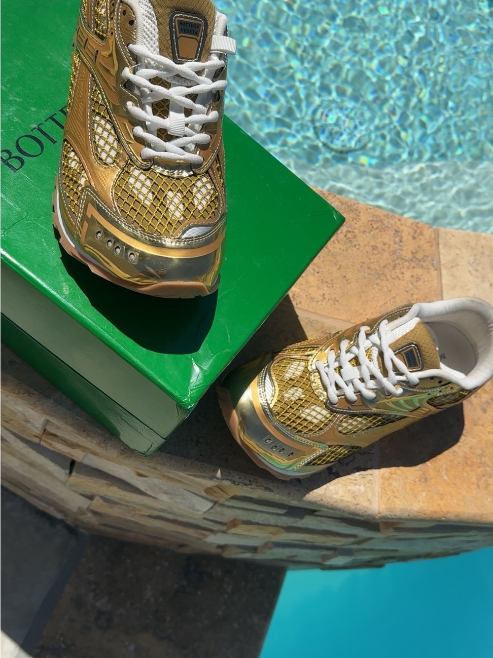 Bottega Veneta Metallic Gold Mesh Lace-Up Sneakers